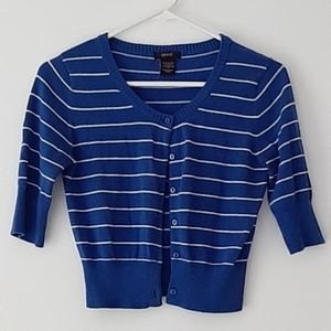 Anxiety Blue White Stripe Crop Cotton button Cardigan sweater 3/4 sleeve. Sz S